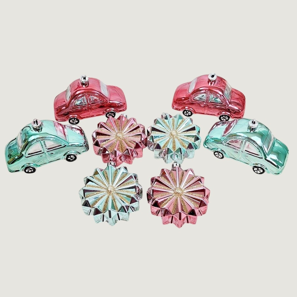 Pink Blue Gold Cars Stars Snowflakes Ornaments Christmas Glitter Tree 8 Pc NEW